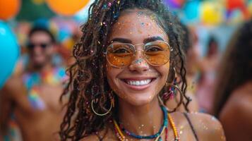 ai generato ritratto di un' bellissimo giovane donna con dreadlocks sorridente a il telecamera durante il brasiliano Festival. foto