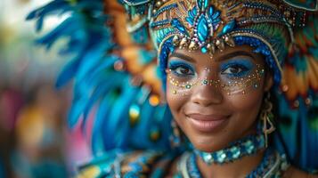 ai generato ritratto di un' bellissimo africano americano donna indossare un' colorato blu copricapo nel brasile Festival carnevale. foto