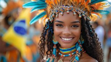ai generato samba brasiliano donna a sambodromo carnevale parata. foto
