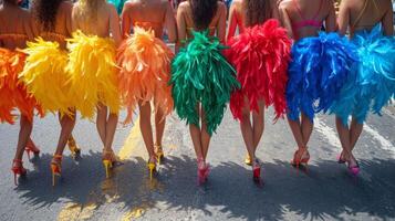 ai generato brasiliano carnevale. gruppo di amici festeggiare carnevale festa, indietro di donne gambe. foto