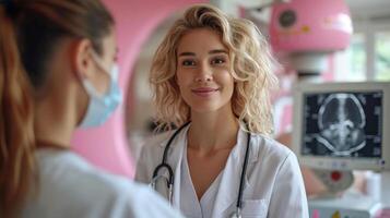 ai generato ritratto di sorridente femmina medico e paziente discutere raggi X nel Ospedale. foto