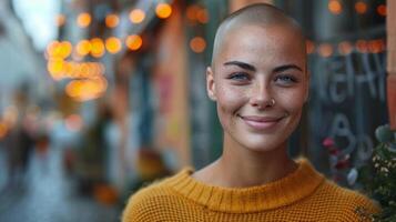 ai generato ritratto di un' bellissimo Calvo fricchettone giovane donna nel un' giallo maglione su il strada. foto