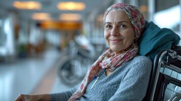 ai generato ritratto di un' anziano donna indossare foulard dopo cancro terapia nel un' sedia a rotelle a il Ospedale. foto