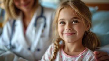 ai generato ritratto di sorridente poco ragazza con medico a Ospedale. medico e paziente. medicina concetto foto