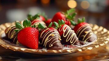 ai generato ricoperto di cioccolato fragole su un' bellissimo piatto. ai generato. foto