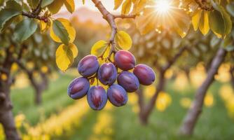 ai generato maturo prugne su un' albero ramo nel il giardino a tramonto foto