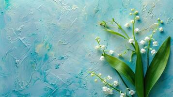 ai generato etereo eleganza - giglio di il valle fioriture su un' pastello blu sfondo foto