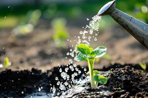 ai generato irrigazione giovane pianta nel il giardino con luce del sole. natura sfondo. foto