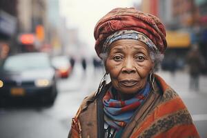 ai generato ritratto di un vecchio africano americano donna nel tradizionale Abiti e copricapo su il strada di un' grande città foto