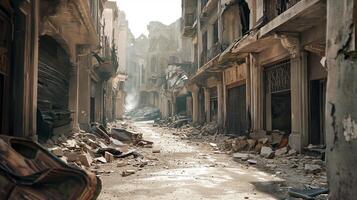 ai generato strade di un' distrutto città dopo il bombardamento, militare operazioni foto
