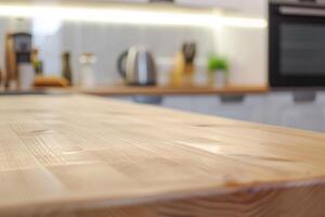 ai generato vuoto legna tavolo superiore e sfocatura bokeh moderno cucina interno foto