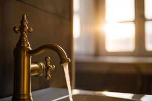 ai generato moderno rubinetto con in esecuzione acqua nel bagno, avvicinamento Visualizza foto