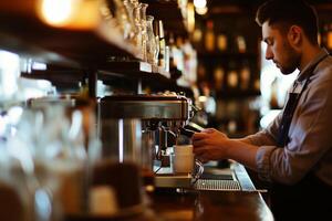 ai generato barista a il bar preparazione cappuccino foto