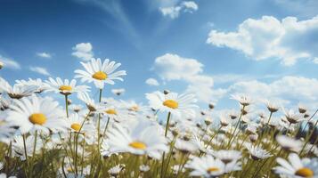 ai generato fioritura prato di camomilla e fiori selvatici, blu cielo su un' soleggiato primavera giorno, sfocato sfondo foto