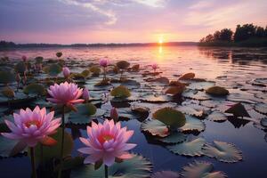 ai generato rosa loto fiori su il fiume a tramonto foto