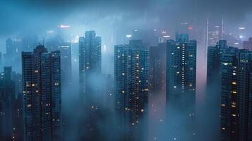 ai generato un' città orizzonte è visto nel il nebbia a notte foto