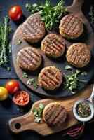 ai generato un' delizioso hamburger piatto con fresco ingredienti su un' rustico di legno tavola foto