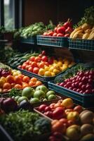 ai generato un' colorato Schermo di fresco frutta e verdure a un' Locale agricoltori mercato foto