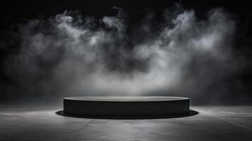 ai generato atmosferico Fumo riflettore su il giro nero ai generato palcoscenico podio modello foto