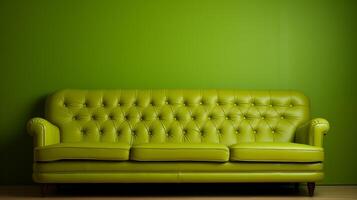 ai generato elegante lime verde Chesterfield divano contro vivace parete foto