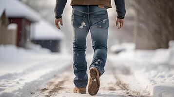 ai generato persona a piedi nel neve con paio di jeans su e paio di Marrone stivali, indietro Visualizza. foto