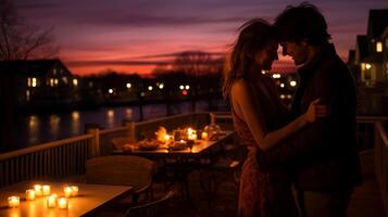 ai generato romantico cena ambientazione di il lungomare a tramonto foto