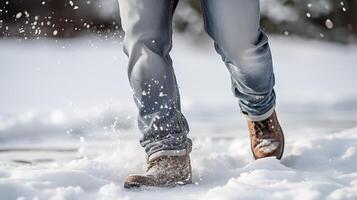 ai generato persona a piedi attraverso neve indossare stivali e jeans. concetto inverno, freddo, all'aperto, natura. manifesti, riviste, pubblicità, viaggiare, promozione. foto