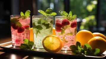 ai generato estate bevande, fresco e colorato, con menta e frutta, luce del sole baci. foto