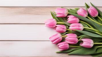 ai generato rosa tulipani di cui su di legno sfondo foto