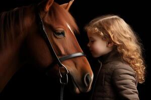 ai generato dolce momento fra un' poco ragazza e cavallo nel buio sfondo foto