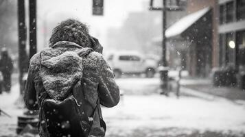ai generato un' persona a piedi giù un' strada nel il neve con un' zaino su loro Indietro, parlando su il Telefono. foto