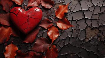 ai generato Cracked rosso cuore in mezzo autunno le foglie foto