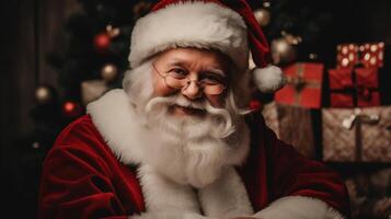 ai generato un' uomo vestito nel un' Santa completo da uomo e bicchieri con un' barba e baffi, seduta nel davanti di un' Natale albero. foto