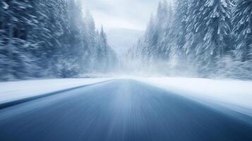 ai generato un' sfocato foto di un' strada nel il boschi con neve su il terra e alberi su il lato.