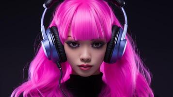 ai generato vivace dai capelli rosa femmina dj con cuffie foto