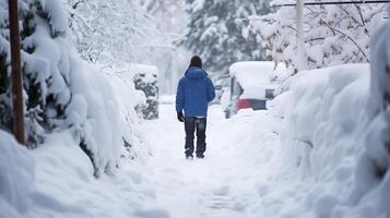 ai generato un' persona sta un' nevoso strada nel un' blu giacca e nero pantaloni. conseguenze dopo pesante nevicata nel il mattina. foto