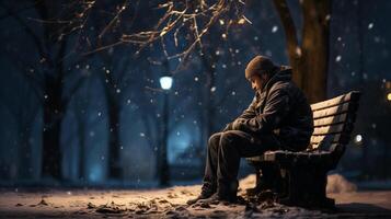 ai generato un' uomo si siede su un' panchina nel un' nevoso parco a notte. lui è indossare un' nero giacca e cappello e è guardare fuori uso. i fiocchi di neve siamo caduta in giro lui. concetto di senzatetto, solitudine. foto
