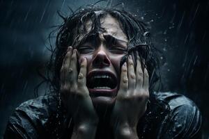 ai generato donna nel disperazione nel piovere, mani su viso esprimendo tristezza foto