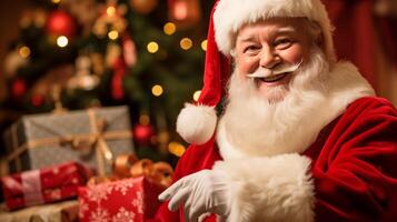 ai generato un' uomo vestito come Santa Claus con un' barba e baffi e un' regalo scatola nel davanti di un' Natale albero. foto