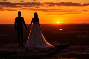 ai generato romantico coppia a tramonto, caucasico sposa e sposo, ideale per nozze concetti foto