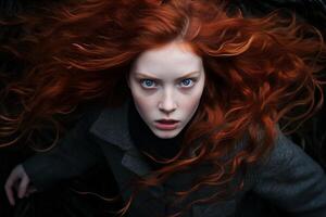 ai generato intenso sguardo di un' giovane caucasico donna con ardente rosso capelli, ideale per bellezza campagne foto