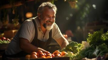 ai generato gioioso mercato venditore vendita fresco verdure a stalla foto