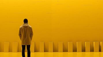 ai generato solitario figura contemplando nel davanti di un' vivace giallo parete, adatto per arte e design concetti foto