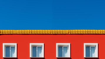 ai generato vivace rosso edificio facciata con blu cielo, Perfetto per architettura e design foto