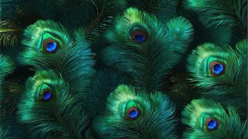 ai generato bellissimo e colorato pavone uccello piume avvicinamento, bellissimo splendente verde pavone piume senza soluzione di continuità modello sfondo foto