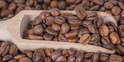 di legno cucchiaio con caffè e caffè fagioli su il sfondo. caffè come sfondo. foto