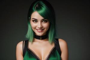 ai generato ritratto bellissimo verde capelli e occhi modello donna con bianca denti Sorridi, salutare lungo capelli e bellezza pelle su buio sfondo. concetto di pubblicità dentista e facciale cura. generativo foto