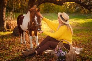 donna e macchiato Marrone pony a tramonto nel foresta, bellissimo ragazza nel autunno Abiti gli amori sua cavallo, concetto di gentilezza, animale cura, natura e amicizia. colpi. foto