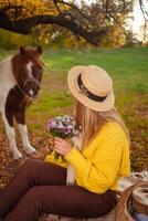 bellissimo salvaschermo, sfondo, autunno foresta, donna e pony nel natura, concetto di amore, pace e bontà. impersonale. foto