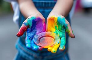 ai generato bambino con arcobaleno dipinto mani Tenere un' carta piatto foto